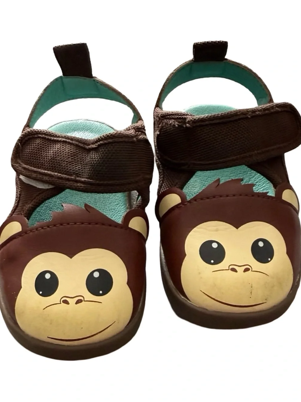 Kids Brown Monkey Face Sandals with Teal Insole